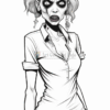 A zombie woman with wild hair, wearing a collared shirt and jeans, has an angry expression and eerie makeup.
