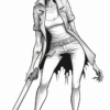 A zombie woman with wild hair, wearing a white jacket and shorts, holding a sword, stands in a menacing pose.