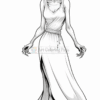 A zombified woman in a flowing white dress, with tattered edges, long fingers, and a haunting expression.