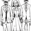 Three cartoonish zombies in suits stand together, each with exaggerated features: a skinny man with messy hair, a woman in a dress, and a man with slicked-back hair.