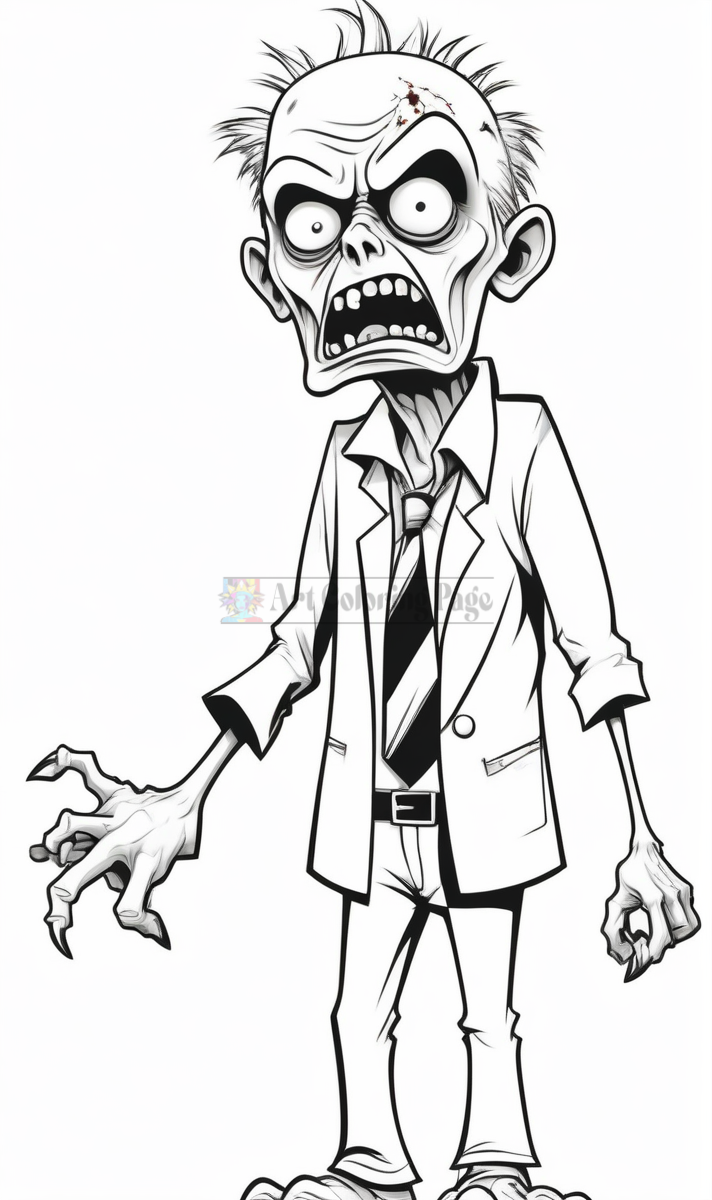 Zombies character with wild white hair, a torn suit, and an aggressive expression, poised to attack.