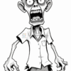 A cartoon-style zombie with wild hair, wearing a torn shirt and shorts, has an exaggerated angry expression and gnarled hands.