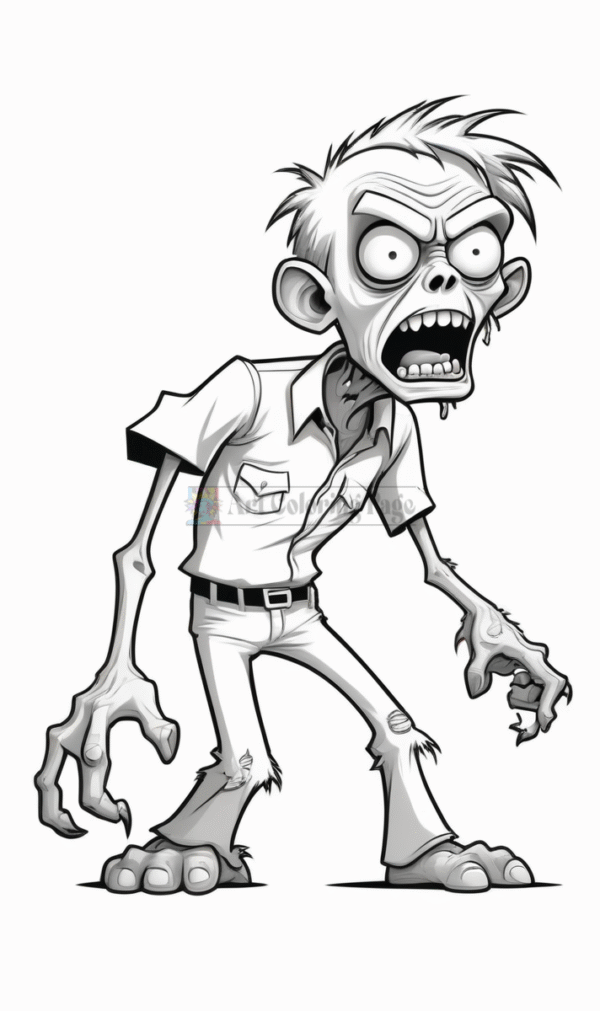 A cartoon zombie with exaggerated features, wearing a torn shirt and pants, has an angry expression and elongated limbs.