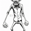 A stylized zombie character with exaggerated features, sharp teeth, and an angry expression, wearing a wrinkled shirt and pants.