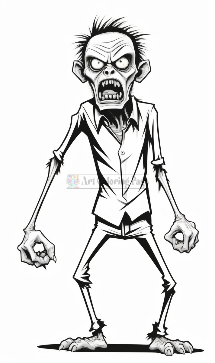 A stylized zombie character with exaggerated features, sharp teeth, and an angry expression, wearing a wrinkled shirt and pants.