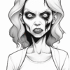 A horror-themed illustration of a woman with unsettling facial features, dark eyes, and a creepy expression, resembling a zombie.