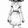 A spooky cartoon zombie woman with wild hair, wearing a torn white dress and looking menacing.