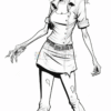 A zombie woman with long hair, wearing a torn shirt and pants, stands with an eerie expression and outstretched hand.