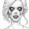 A spooky, ghostly woman with long, messy hair, dark eye makeup, and tears of black running down her face.