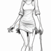 A zombie woman with gray skin and piercing red eyes wearing a torn white dress, holding a stick, and standing amidst fog.