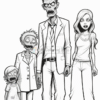 A family of cartoon zombies: a man in a suit, a woman in casual clothes, a young boy in a suit, and a little girl. All have ghoulish features.