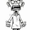A cartoonish zombie character with wide eyes, sharp teeth, and messy hair, wearing a white shirt and holding two small, disheveled creatures.