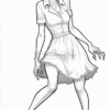 A zombie woman in a white dress with a tattered hem, featuring wild hair and an intense expression, stands with claw-like hands.