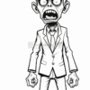 A cartoon zombie character in a suit, with exaggerated facial features, sharp teeth, and a menacing expression.