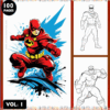 Coloring book cover featuring superheroes, showcasing colorful art with featured characters, promoting free coloring pages at artcoloringpage.com.