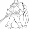 Superman, depicted in a superhero pose with a cape and holding a sword, ready for action.