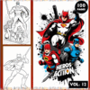 Superhero-themed coloring pages featuring various heroes, including Batman, with a vibrant border listing 