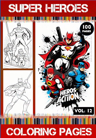 Superhero-themed coloring pages featuring various heroes, including Batman, with a vibrant border listing "100 pages" and "Vol: 12".