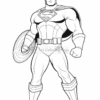 Batman stands confidently with his cape and utility belt, holding a shield, in this black-and-white coloring page.