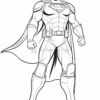 A superhero character stands confidently with a cape and muscular build, wearing a mask and armor.