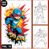 Coloring book featuring superheroes with dynamic poses and bold designs, available for free at artcoloringpage.com.