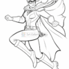 A superhero character with a cape, wearing a mask and costume, striking a dynamic pose while flying.