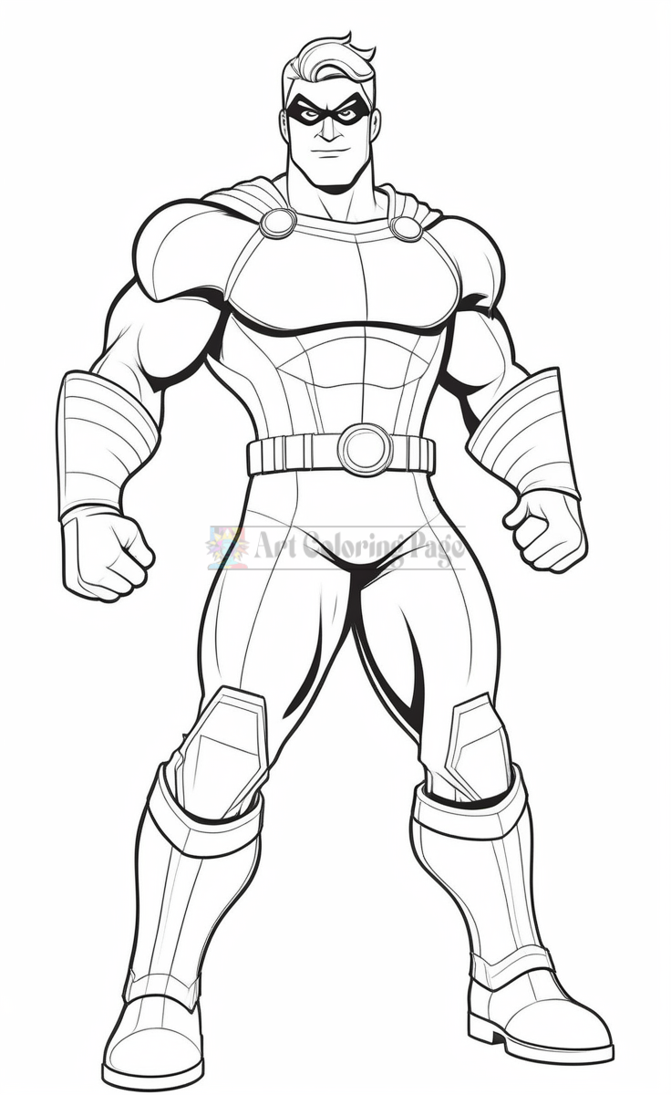 A muscular superhero character wearing a mask and armor, standing confidently with a strong pose.