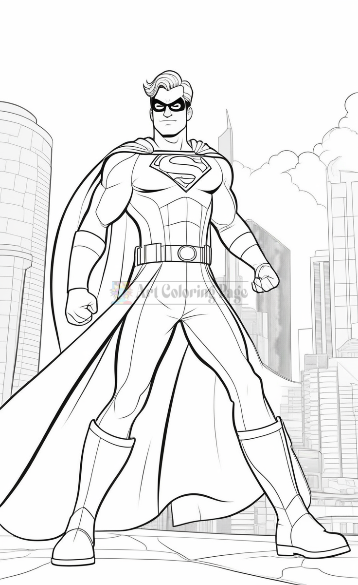 A muscular superhero in a blue suit and cape stands confidently in a city skyline, ready for action.