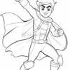 A young superhero in a cape poses confidently, holding a pointing sword, ready for action.