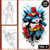A vibrant cover for a coloring book, featuring superhero illustrations, with text indicating 