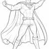 Superman stands confidently with his fists clenched, wearing a cape and his iconic suit, ready for action.