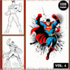 Superheroes coloring pages featuring outlined and colored versions, available for free at artcoloringpage.com, part of a coloring book with 100 pages.