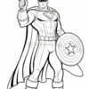 Superman holding a sword and shield, wearing a cape and a heroic stance, in a black and white coloring page style.
