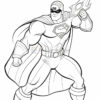 A superhero character in a dynamic pose, wearing a costume with a cape and a mask, holding a sword.