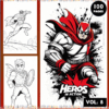 Superheroes coloring book cover featuring dynamic superhero illustrations; promotes free coloring pages from artcoloringpage.com.