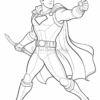 A superhero with a cape and a mask, holding a sword and pointing forward confidently.