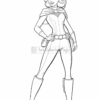 A confident superheroine in a form-fitting costume with a cape, striking a powerful pose.