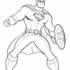 A muscular superhero resembling Superman, wearing a suit with a cape and holding a shield, posed in a heroic stance.