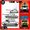 Coloring book cover featuring tank illustrations, with vibrant backgrounds and text promoting 