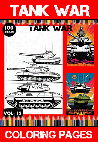 Coloring book cover featuring tank illustrations, with vibrant backgrounds and text promoting "Tank War" coloring pages from artcoloringpage.com.