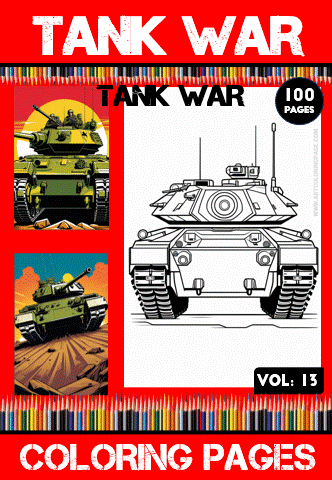 Coloring page featuring a detailed tank illustration from the "Tank War" series, part of a cozy coloring book for relaxation.
