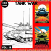 Coloring book cover featuring tank illustrations, with bold text detailing 