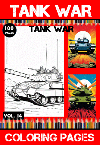 Coloring book cover featuring tank illustrations, with bold text detailing "Tank War" and "100 Pages," promoting cozy coloring pages.