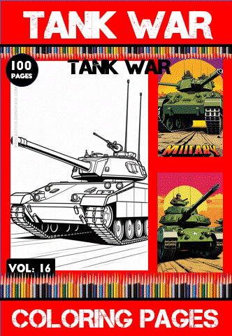 A coloring book cover featuring tank illustrations, titled "Tank War," promoting cozy coloring pages from artcoloringpage.com.