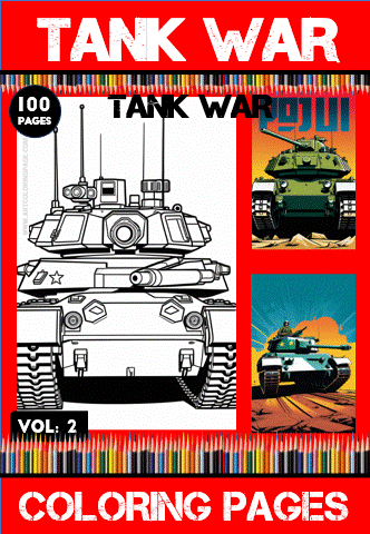 Detailed cover for a coloring book titled "Tank War," featuring a tank illustration with vibrant colors alongside other tank designs, promoting cozy coloring pages from artcoloringpage.com.