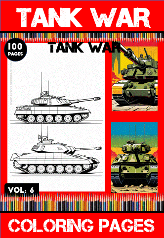 Tank War coloring book cover featuring illustrated tanks, including line art and colorful images, promoting cozy coloring pages from artcoloringpage.com.