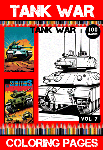 Coloring page featuring tanks from "Tank War," part of a 100-page cozy coloring book collection on artcoloringpage.com.