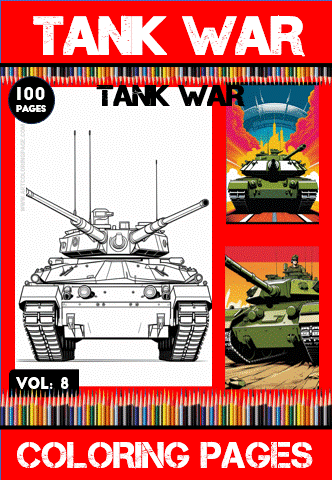 Tank war-themed coloring page featuring a detailed tank illustration, part of a 100-page cozy coloring book series from artcoloringpage.com.