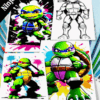 Ninja Turtles coloring book featuring vibrant illustrations and black-and-white designs, highlighting free coloring pages from artcoloringpage.com.