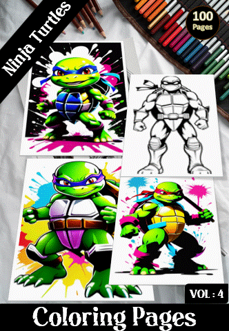 Four Ninja Turtles coloring pages featuring vibrant designs and black-and-white outlines, ideal for a coloring book from artcoloringpage.com offering free coloring pages.